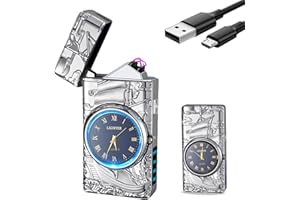 RSBYE Encendedor Eléctrico Barco con Reloj, Encendedor de Plasma de Doble Arco, Elegante Encendedor Personalizado, Encendedor USB Recargable, Encendedor para Hombre y Mujer con Caja de Regalo (Plata)