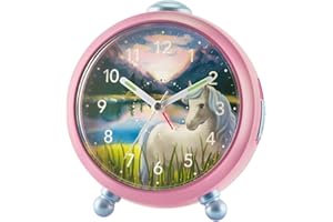 Atrium Siabelle A932-17 budzik dziecięcy dla dziewczynki, koń, różowy, fioletowy, biały, analogowy, kwarcowy, bez tykania, ze światłem i funkcją drzemki