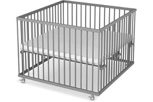 Sämann Laufstall Baby 100x100 cm | TÜV geprüft 2023 | stufenlos höhenverstellbar | Laufgitter Premium | Babybett aus Holz | Krabbelgitter Komplettset grau