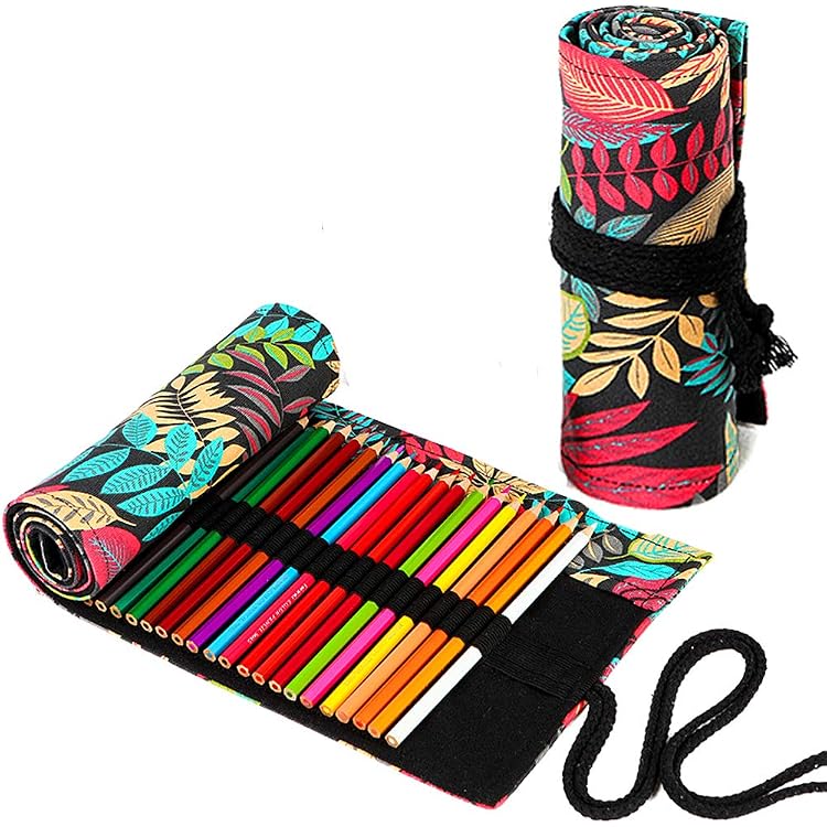 Trousse à Crayons Roulable 24 Places En Toile Noire - Parfaite Pour Artistes, École Et Bureau