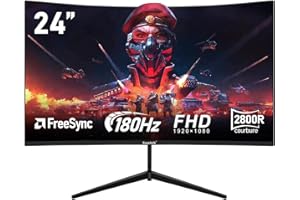 Gawfolk Écran PC 24 Pouces incurvé Gaming Moniteur 180hz, fhd 1080p 1ms sans Lunette, freesync, 100% sRGB，178 ° Angle Vue HDMI DisplayPort, Compatible avec Mural VESA75*75MM - Noir