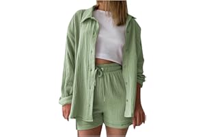 JIABING Musselin Bluse Damen Hemd und Shorts Zweiteiler Einfrabige Sommer Lounge Set Strand Outfit Suit Elegant Aesthetic 2 Teiler Clothes Kleidung Kurz Hosenanzug Casual Two Piece Sommerbluse 2024