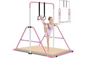 EVERYMILE Gymnastics Bars With Self-Inflating Mat,50mm Thick Inflatable Pad No Air Pump Needed Gymnastics Equipment for Home,Adjustable Height Folding Horizontal Bar with Rings