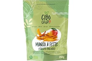 CIBO CRUDO CRUDO BIOLOGICO VEGAN Mango Essiccato Senza Zucchero Aggiunto e Biologico - 250g. Mango Disidratato Contiene Vitamina C Antiossidanti e Fibra. Da Consumare Come Snack in Ricette Dolci/Salate o Topping per Dessert.
