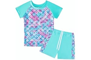 WYTBABY Kostium kąpielowy dziewczęcy, 2-częściowy, kostium kąpielowy z promieniowaniem UV, krótkie rękawy, nadruk z materiału, koszulka z nadrukiem UV, dla dziewczynek w wieku 9-10 lat