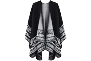 OOPOR Zimowy szal owijany ponczo peleryna - damski ciepły otwarty przód nadruk dwustronny koc oversize kardigan modny elegancki dzianinowy jesienny wełniany sweter w kratę polarowy szalik płaszcz