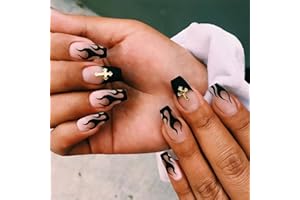 Luvadeyo - 24 unghie finte, squadrate, lunghezza corta, da donna, in acrilico, con colla, motivo: fiamma, colore: nero