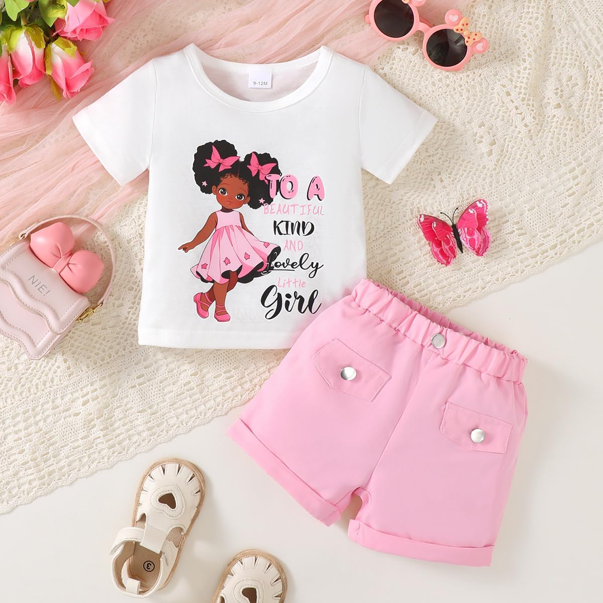 Conjunto de 2 piezas para niña bebé, camiseta con estampado de dibujos animados + pantalones cortos morados, ropa casual para 6 meses a 3 años