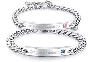Flongo 2PCS Bracelets Acier Inoxydable Je T’Aime Chaînes de Main Composés Zircon pour Couples Amoureux Femme Homme Or Rose&Noir Cadeaux Saint Valentin Mariage