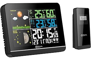 Miraval Funk-Wetterstation: Hygro- & Thermometer innen/außen, Farbdisplay, Uhrzeit- und Datumsanzeige, Wochentag, Mondphase, 2 Alarme, Außensensor, 8 Sprachen einstellbar
