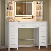 HEXCELEN 47 in Dressing Table with Grote Mirror, White | Makeup Vanity with LED Light, 3 Colors, Adjustable Brightness, 10 Dr
