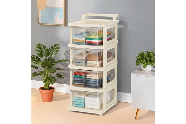 Aliensware 4Layer Plastic Storage Drawer Organizer with Wheels, Modular Cabinet for Home, Office, School, Hospital, Parlor, Morden Kitchen, Cosmetics, Clothes, Toys Organiser for Kids Room-Clear Ivory