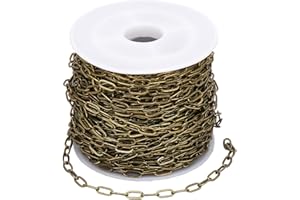 SOFPLATE 10M/32.8 Feet Brass Paper Clip Chain Cable Link Chain with Spool Antique Bronze Paperclip 6mm Drawn Elongated Oval Soldered Roll Connector Chain for Jewelry Making Necklace Bracelet DIY Craft