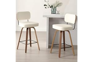 Bekrvio Swivel Counter Height Bar Stools Set of 2, 65CM Upholstered Faux Leather Barstools with Back and Bent Wood Legs, Mid Century Modern Bar Chair Island Stool for Kitchen Counter, Cream White