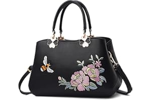 VARLIVOO Elegante Donna Borsa Ricamo Borse a Mano Borsetta Borsa a Tracolla da Donna Borse a Tracolla Spalla Lavoro Viaggiare Shopping PU Pelle Nero A