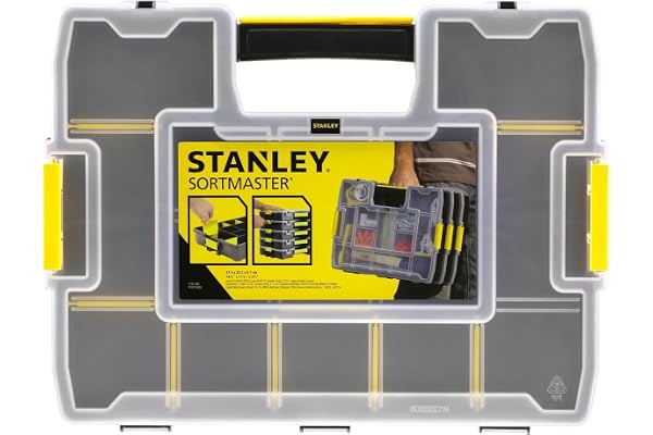 STANLEY 1-97-483 Sort Master Junior Organizer, 14 Compartments With Removable Dividers, See-Through Lid, 4 Kg Load Capacity, Textured Carry Handle & Side Latches, 1 Year Warranty, 37.5x29x6.7 cm