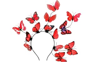 NiceYnn Bandeau Papillon Cheveux Femme Serre-tête Elastique avec 14Pcs Aléatoire 3D Papillons pour Mariage Photographie Halloween Cosplay Déguisement Rouge