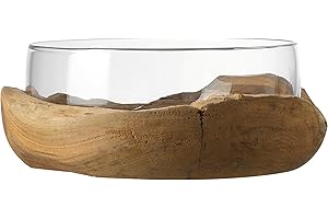 Leonardo Terra, dekoracyjna miska ze szkła z cokołem z drewna tekowego, ręcznie wykonana, okrągła miska szklana z podstawą z drewna tekowego, unikat, wysokość: 28 cm, 084411, 1 sztuka