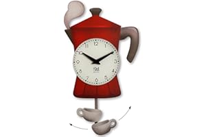 DEKORI Orologio a Pendolo da Parete Mochina – Design Tema Caffè con Tazzina e Fumo in Rilievo – 26x46 cm – Decorativo per Cucina – Made in Italy - (Rossa)