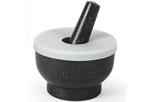 KITCHENHI Granite Mortar and Pestle, Large Capacity Stone Grinding Bowl with Silica Gel Cover, For Grinding Herbs and Spices, 15cm, 400ml (Black)