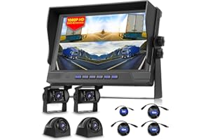 VECHTEL Kit Caméra de Recul IPS HD 9 Pouces avec 4 Caméras 720P/1080P, Camera de Recul avec Étanchéité IP68 Vision Nocturne DVR Télécommande pour 12V-36V Camion Buses Remorques Camping
