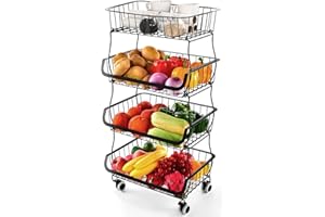 MIYAWELL Fruit Vegetable Storage Basket Rack, 4 Tier Stackable Metal Wire Storage Baskets on Wheels, Fruit Vegetable Produce Basket Organizer Bins for Kitchen, Pantry, Bathroom Black