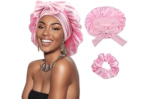 DRESHOW Gorro Saten Pelo Rizado Ajustable para Mujere Bonnet de Seda para Dormir Gorro Seda para Sueño con Banda Elástica para Mujeres