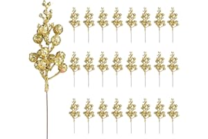 RXXR 25 steli di bacche artificiali glitterate di Natale, steli di bacche dorate da 19 cm, per ornamenti per albero di Natale, ghirlande natalizie fai da te, artigianato, vacanze e decorazioni per la