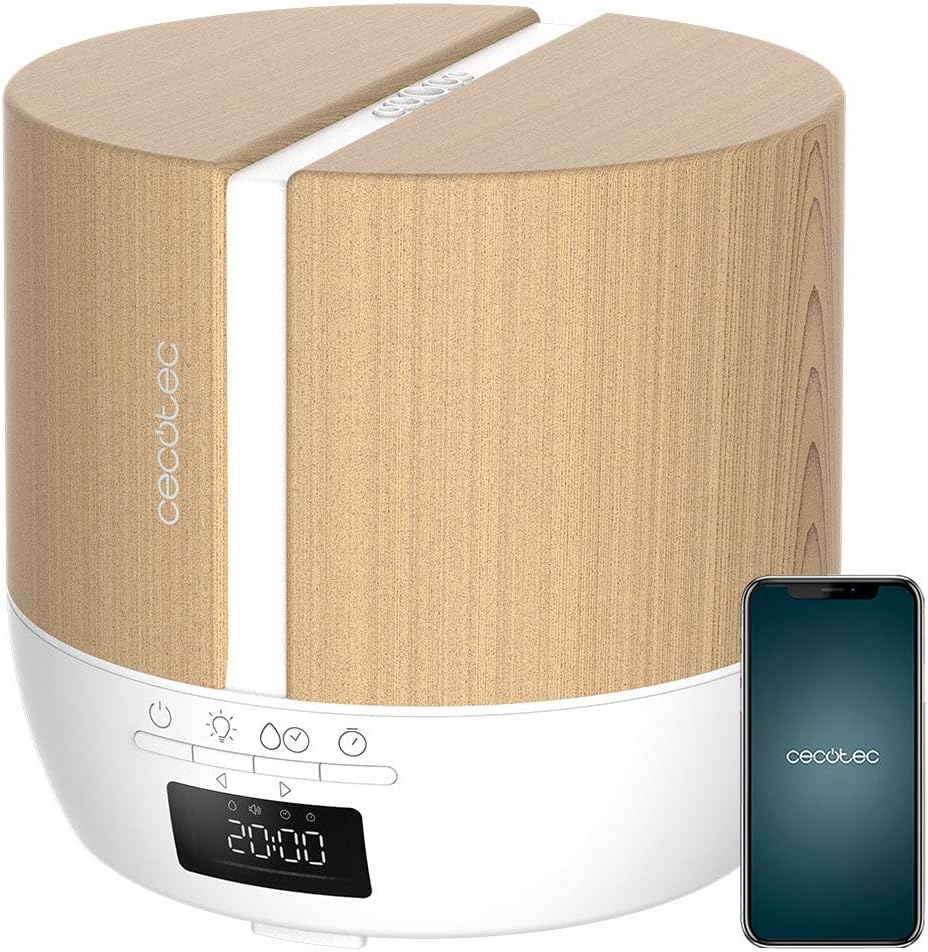 Cecotec Difusor de aromas PureAroma 550 Connected White Woody. Capacidad 500ml, Pantalla LED, Altavoz, Control por bluetooth, App, Temporizador 12h, 3 Modos de funcionamiento, Cobertura 30m2