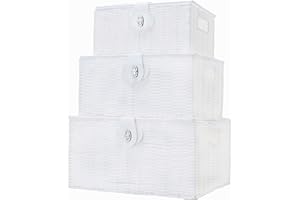 Vencier Set of 3 Resin Woven Storage Basket Box with Lid & Lock, White, Large, Medium, Small (White)
