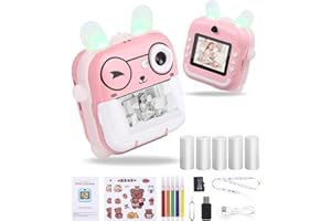 HEUCHAEY KinderKamera,Sofortbildkamera DigitalKamera 2.4 Zoll Bildschirm Videokamera mit 32GB TF Karte 2 Cartoon-Aufkleber 5 Rollen Druckpapier 5 Farben Pinselstift Geschenk für 3-12 Jahre Geburtstagsgeschenk