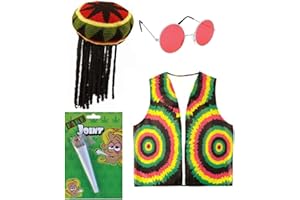 Mega_Jumble® Unisex Reggae Rasta Jamaican Hat w/ Wig, Fake Spliff, Glasses & Vest - Caribbean RASTA RAGGAE JAMAICAN BOB MARLEY Adult Fancy Dress