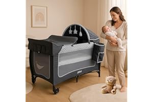 Priori Baby Zus Cuna de Viaje Plegable 4 en 1 para Bebé - con Cambiador, Mosquitera, Juguetes, Ruedas con Freno, Bolsa Transporte, 0-3 Años hasta 15 kg (Gris)