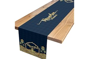 XINVERY Ramadan Mubarak Table Runner,Blue Gold Ramadan Table Runner Table Linens Ramadan Mubarak Decoration Dinning Room Party Table Decor 13x72 Inch
