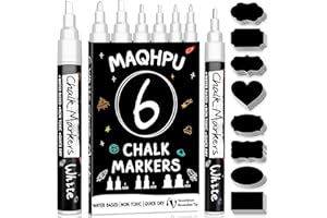 Maqhpu Weiß Kreidestifte für Tafel Abwaschbar, 6 Stück Kreidestifte und 45pcs Kreidetafel Labels, Fensterstifte Whiteboard Marker Kreidemarker Tafelstifte für Glas & Gewürzgläser (1mm, 3mm, 6mm)