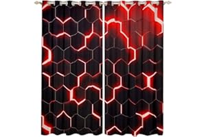 Homewish Honeycomb Kids 30%-50% Blackout Curtains for Living Room, Geometric Boys Curtains for Bedroom Glitter Hexagon Window Curtain for Teen Men, Red Black Curtains & Drapes 46" Wx54 L