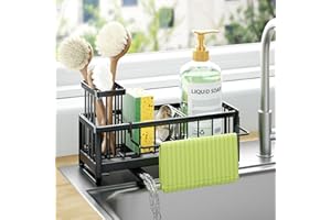 HapiRm Kitchen Sink Caddy Black- Self-draining Sponge Holder with Brush Holder and Dishcloth Holder, Stainless Steel Sink Tidy Organiser for Countertop Kitchen Storage & Organisation