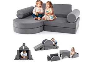 COSTWAY Kids Play Couch, 13-Piece Modular Toddler Soft Foam Playset with Machine Washable Suede Cover, Fold Out Convertible Children Sofa Bed for Kidsroom Bedroom (Grey)