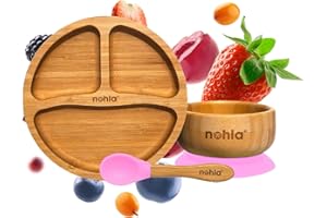 nohla ® - Bamboo Baby & Toddler Suction Plate, Bowl & Silicone Spoon Weaning Set - Suction Ring for Secure Grip on Smooth Surfaces - Eco-Friendly, BPA-Free - Pink