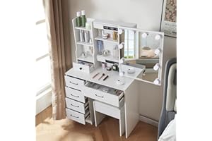 TOPHEHAN Dressing Table with LED Lights, White Vanity Makeup Table Set with Mirror and Stool, Bedroom Dresser Cosmetic Makeup Desk with Drawers and Shelves Storage Unit for Girls (A6)