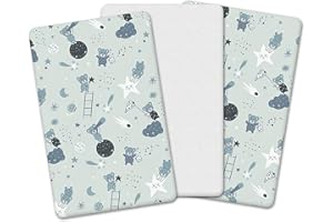 NAZNA LINEN The Perfect Trio | Next To Me Compatible (83-85 x 50-51 cm) - 2x 100% Pure Cotton Crib Fitted Sheets & 1 Waterproof Mattress Protector (Grey - Teddy & Stars, 83-85 x 50-51 cm)