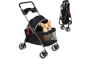 DIOWEWEA 2in1 Hundewagen bis 15 kg, Hundebuggy mit 1 Getränkehaltern, Hundebox Transporttasche Faltbar klappbar mit Feststellbremse, Bollerwagen für Hunde, 48 cm * 68 cm * 95cm (Schwarz)