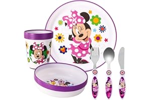 ZAWADI GLOBAL Minnie Mouse Kids 6 Piece Reusable Dinner Set - Plate/Bowl/Cup/Knife/Fork/Spoon - Childrens Dinnerware Tableware Cutlery Set