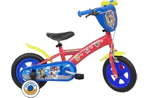 A.T.L.A.S. Vélo 10'' Enfant Pat Patrouille équipé de 1 Frein avec Plaque Avant décorative, Garde Boue, Carter, Roues bâtons & 2 stabilisateurs, Rouge identique aux Photos