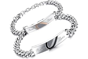 Flongo 2PCS Pulseras de Parejas, Brazaletes para Parejas, Pulseras Hombre Mujer, de Acero Inoxidable Regalo Día de día de San Valentíns y Navidad