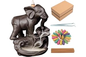 YYW Backflow Incense Burner Elephant Ceramic Incense Holder Handmade Censer with 120 Backflow Incense Cones 30 Incense Sticks 1 Mat 1 Tweezer for Aromatherapy Home Decor