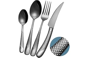 Xideman® 24-Piece ​Modern Black Hammered Cutlery Set with Ultra Sharp 2-in-1 Serrated Knive, 18/10 Stainless Steel Silverware Set, Titanium ​Plated Flatware Set for 6 People, Knives Forks Spoons Set