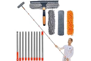 TONMP 20 ft+ Reach Squeegee Window Cleaner Duster 2 in 1 Rotatable Window Cleaning Tool Kit with 3-14 ft Extension Pole, Window Washing Equipment for Indoor Outdoor Window Car Glass - 3 Pads