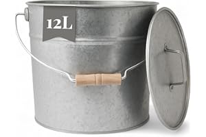 LIVLIG53 LIVLIG - Cubo de cenizas con tapa de zinc de 12 l de capacidad, exclusivo cubo galvanizado con tapa para chimeneas modernas, calidad premium de Europa, accesorios elegantes para chimenea para guardar