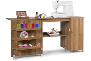 ‎GOPLUS GOPLUS Klappbarer Nähtisch, 2 in 1 Nähschrank & Schreibtisch, Nähmaschinentisch auf Rollen, 3 Seitenfächer & 1 Schrank, 2 arretierbare Rollen, für Wohnzimmer Schlafzimmer Büro (Natur)